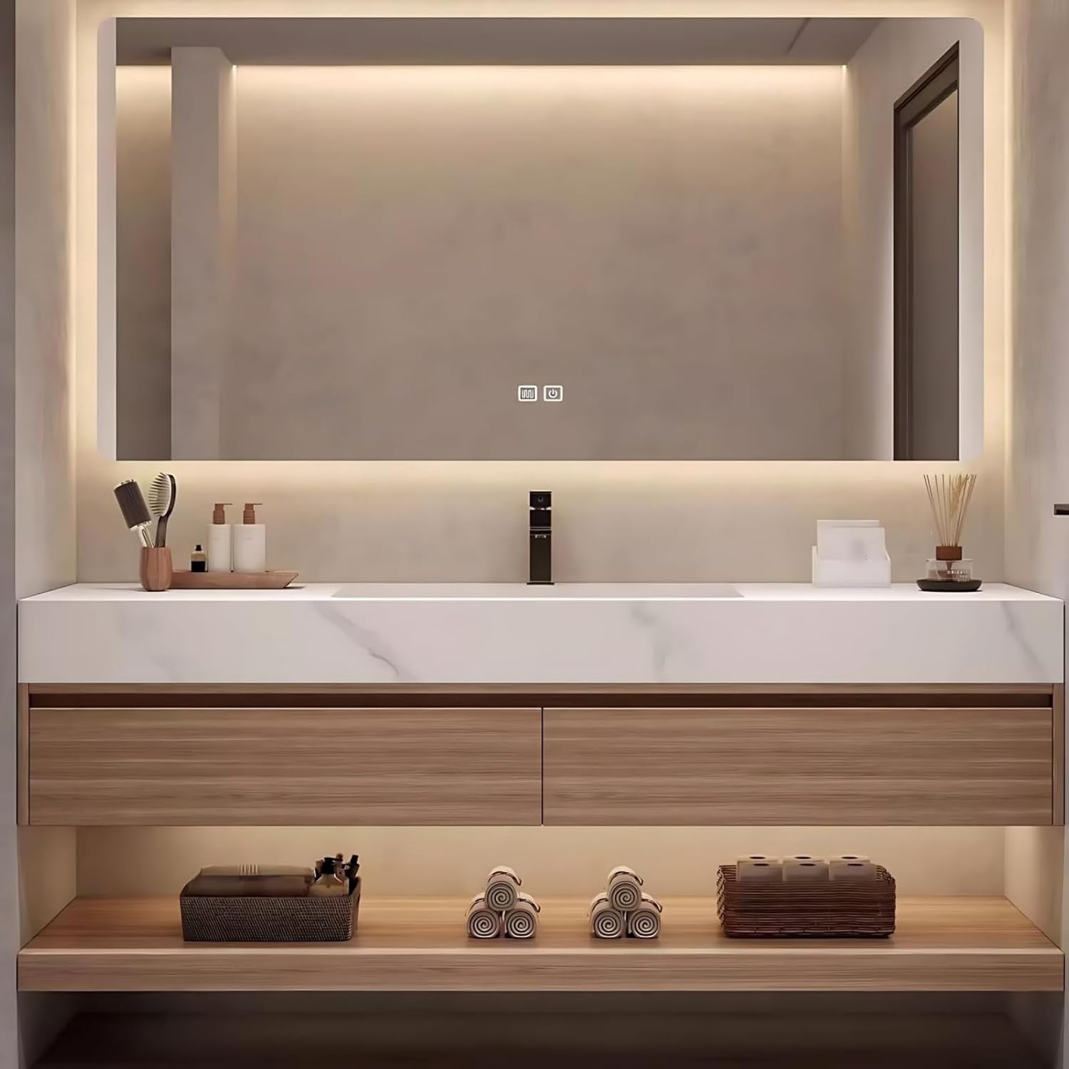 48IN Floating Solid Bathroom Vanity with Sink - LED Mirror with Defog & Multiple Style Options | Wood Bathroom Cabinet with Open Compartment & 2 Drawes, One-Piece Basin (StyleA)