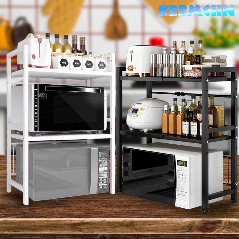 Estante de microondas de 2 niveles, ancho ajustable, soporte para tostadora, estante de cocina, extensible de 40 a 63 cm, capacidad de carga de 75 kg (blanco)
