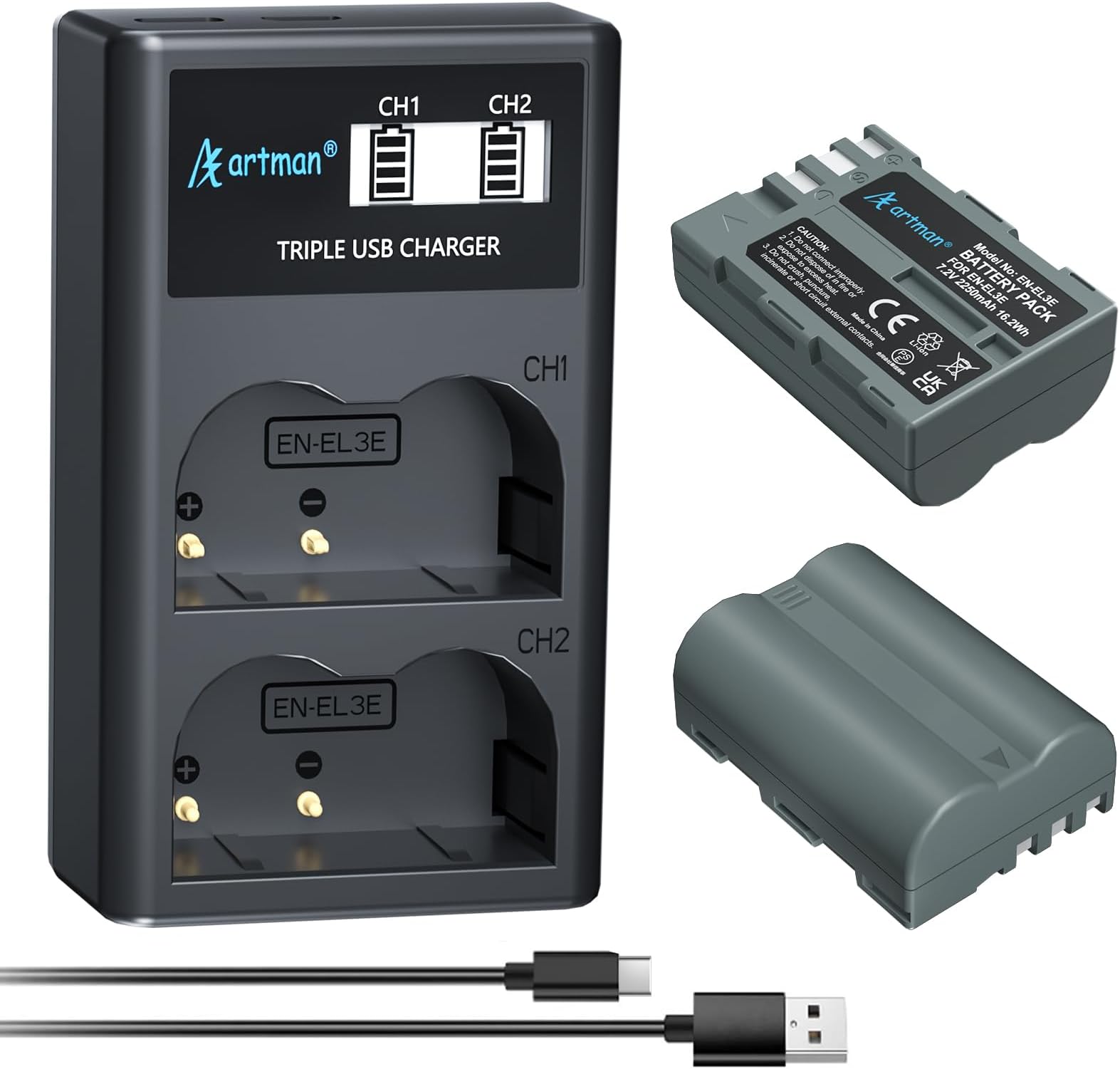 Artman EN-EL3e Battery 2-Pack 2250mAh and Type-C LCD Dual Charger Compatible with Nikon EL3, EL3a, D50, D70, D70s, D80, D90, D100, D200, D300, D300S, D700 Digital SLR Cameras
