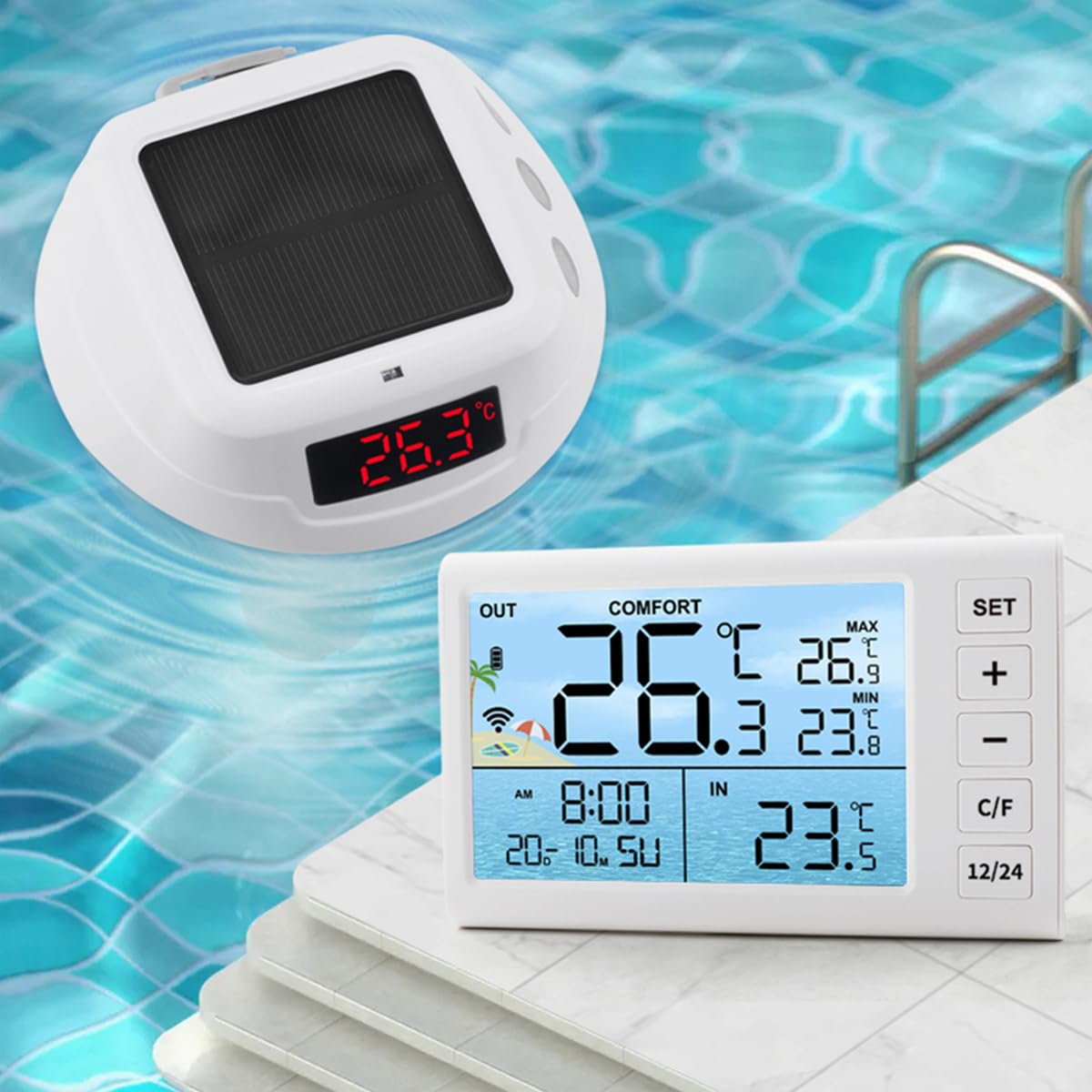 Termómetro flotante inalámbrico para piscina con indicador digital LED de temperatura del agua y clasificación de impermeabilidad IP68, ABS, color blanco