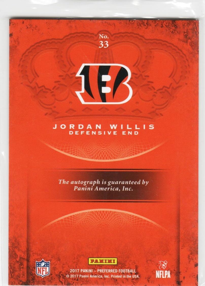 Jordan Willis Crown Royale Autographed Card - 2017 Preferred Football Crown Royale Football Card #33 (Bengals)