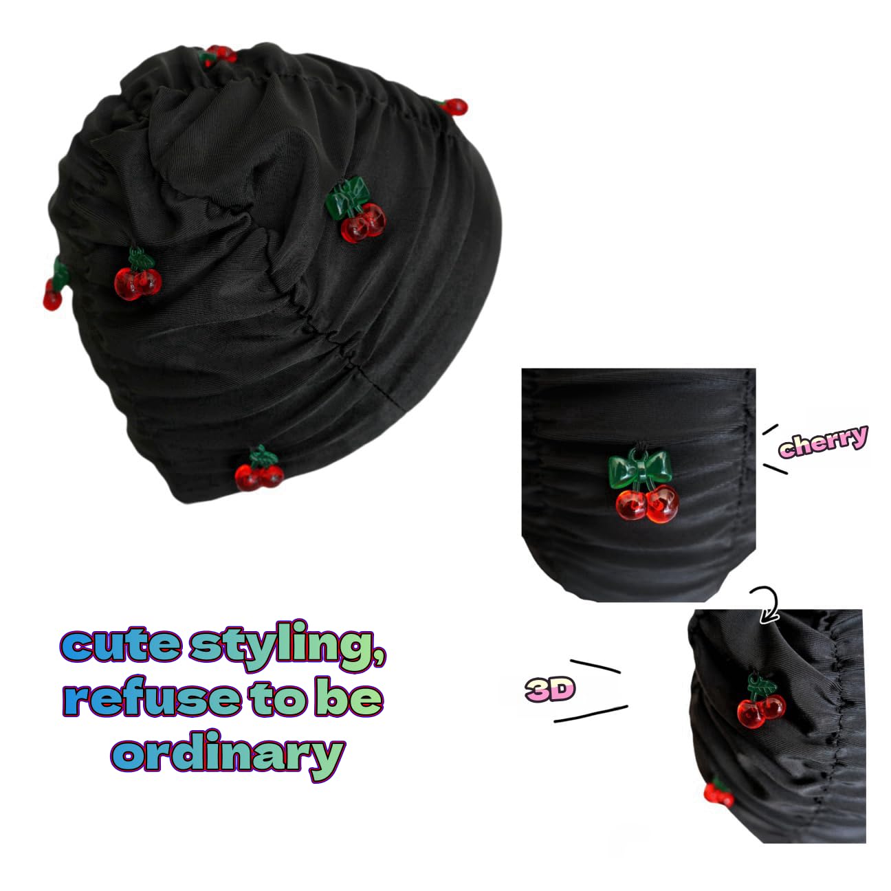 Cherry - Gorros de natación para mujeres adultas para cabello corto y mediano, gorro de natación para piscina, playa, balneario, balón acuático, parque acuático
