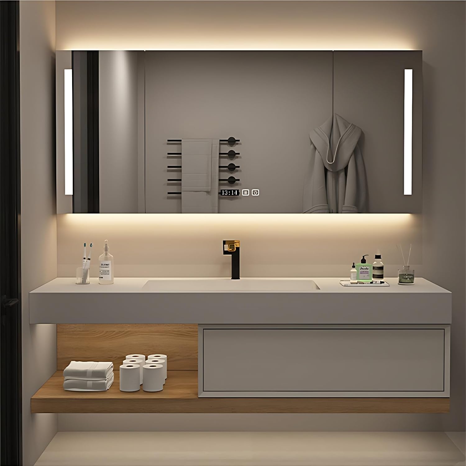 Bathroom Vanity with Sink - Modern Bathroom Sink Cabinet and LED Intelligent defog Mirror Cabinet Set, Large Storage Drawers | Multi-Layer Solid Wood | Floating Wall Mount (White, 52")