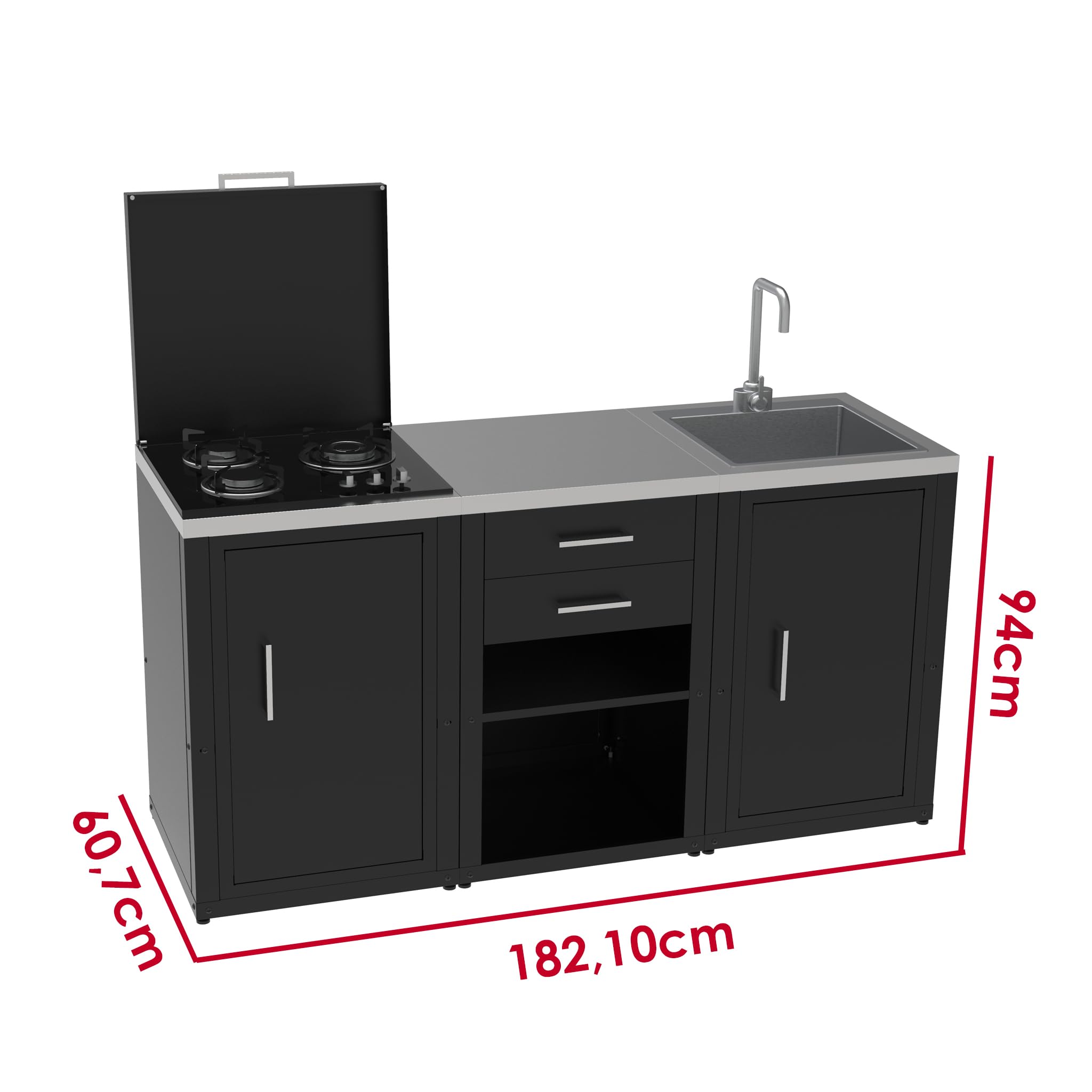 Set cucina da esterno a gas 3 elementi con lavello, rubinetto e tagliere con 2 cassetti estraibili - struttura in acciaio e piano in acciaio inox - Nero