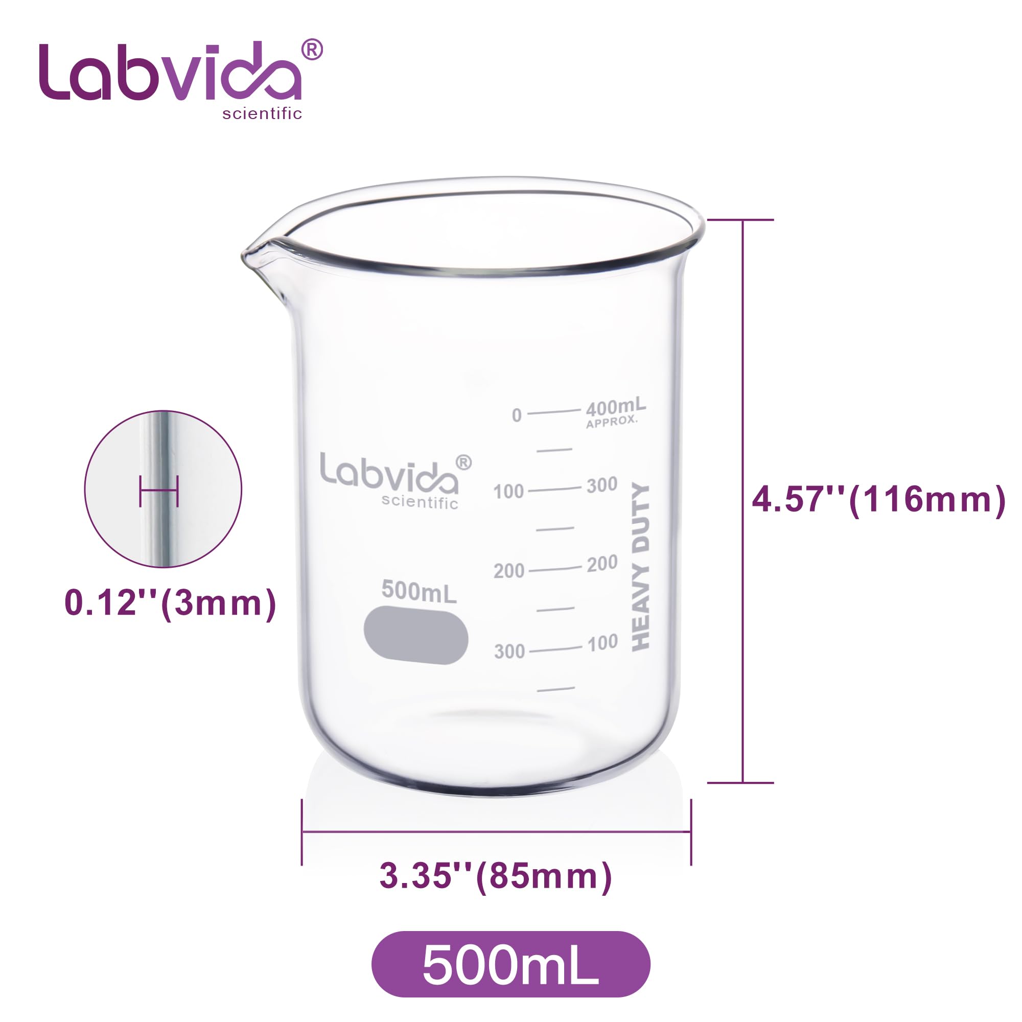 LVA012 - Juego de 4 vasos de cristal de forma baja, vol.500 ml, 3.3 borosilicato con graduación impresa, 4 unidades