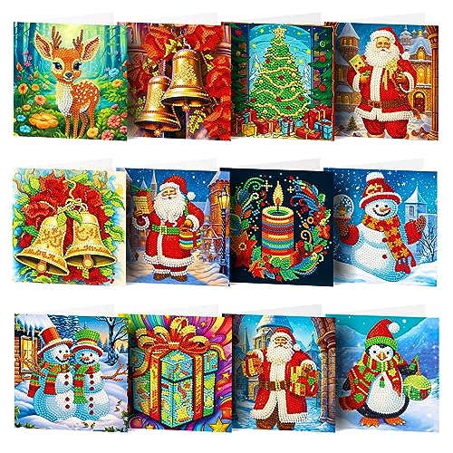 12 Pack DIY 5D Diamond Painting Art Christmas Cards Kit, Handmade Crystal Art Greeting Card Kits for Birthday Thanks Embroidery Postcard Handwork Home Wall Art Gift Xmas Decorations for Kids & Adults
