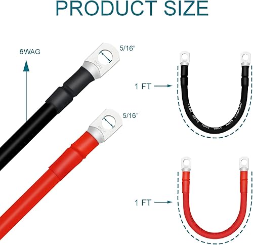 Miniatura 123 de Cables de batería 4 AWG con terminales de cobre de 3/8 pulgadas (2 piezas de 1 pie)