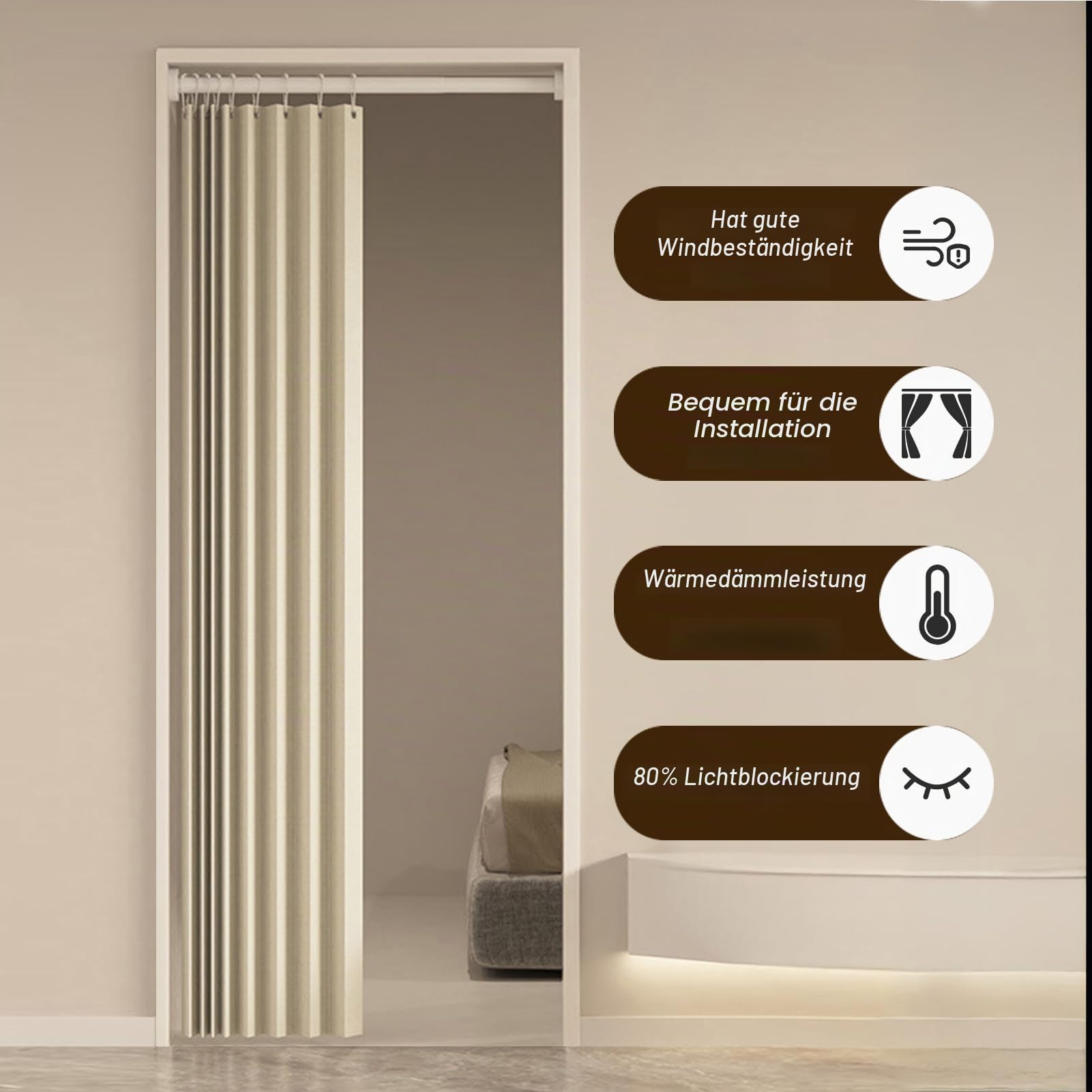 Türvorhang Blickdicht Magnetische Vorhänge, Raumteiler Faltvorhang für unsichtbare Türen, Thermo Türvorhang Kälteschutz, zum schieben, Wärmeisolierend, 280g/m², 1 Stück, Beige, 100x200cm