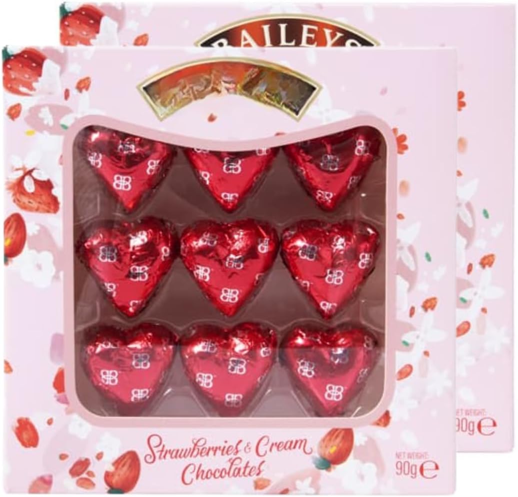 Strawberries & Cream Heart Shaped Chocolates 90g X Pack Of 2 - A Scrummy Box Of Cream Liqueurs, Encased In Heart-shaped Milk Chocolate And Infused With The Fruity, Summery Taste