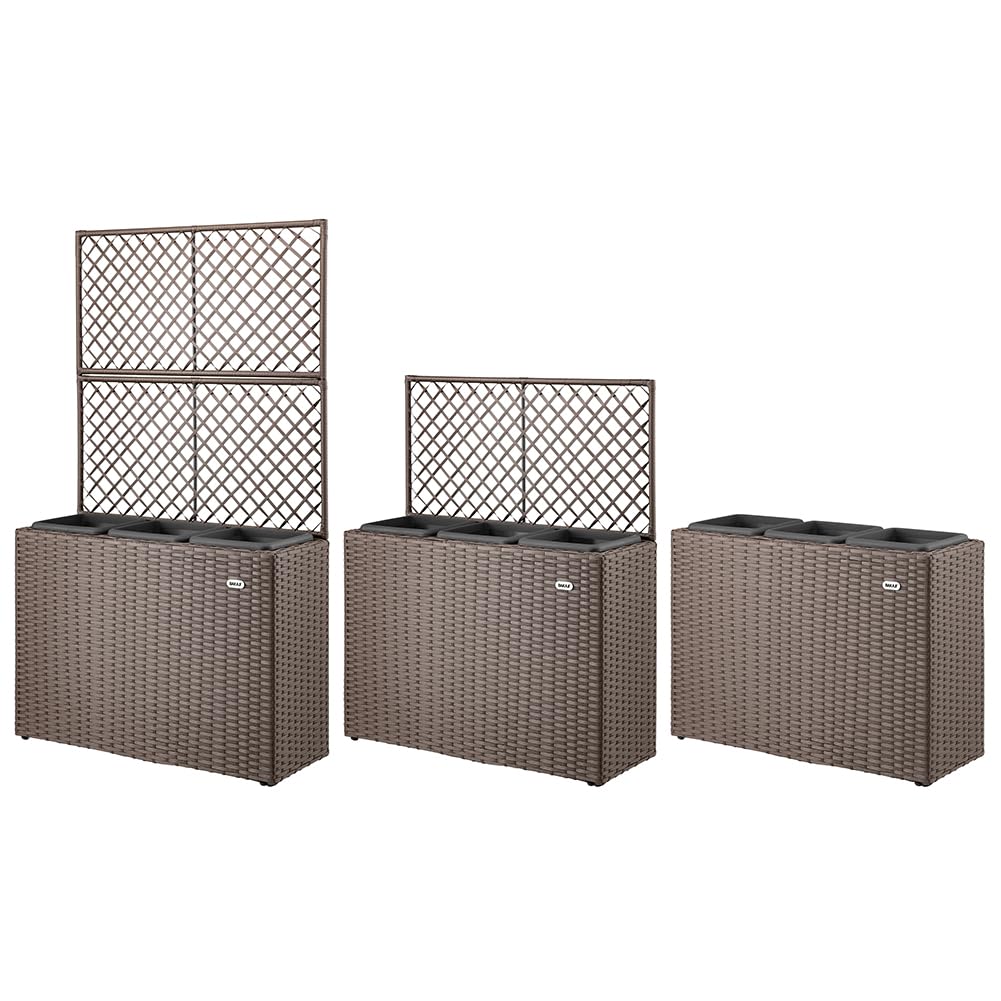 BAKAJI Fioriera da esterno con spalliera in polyrattan, 3 Vasi Removibili Contenitori per Piante, Traliccio da Esterno con grigliato ideale x Giardino, Balcone, Terrazzo, Pianta Rampicante (Marrone)