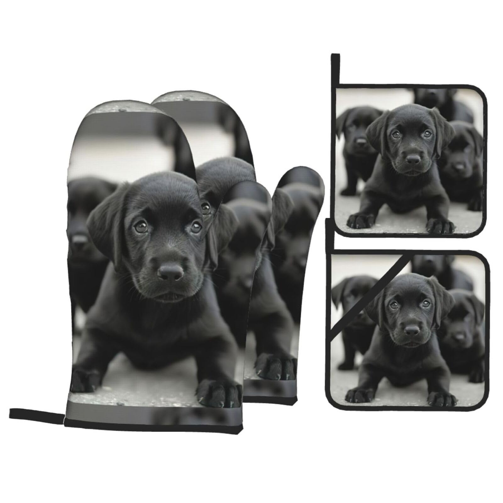 Puppies Dog Print Kitchen Oven Mitts And Pot Holders Set,Hanging Loop Design For Cooking Baking Bbq