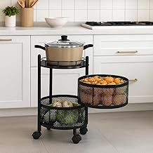 2-Tier Metal Mesh Kitchen Storage Trolley with Wheels Rotating Vegetable & Fruit Basket Organizer Rack Multipurpose Utility Cart for Pantry, Countertop & Kitchen Use (Round-Black)