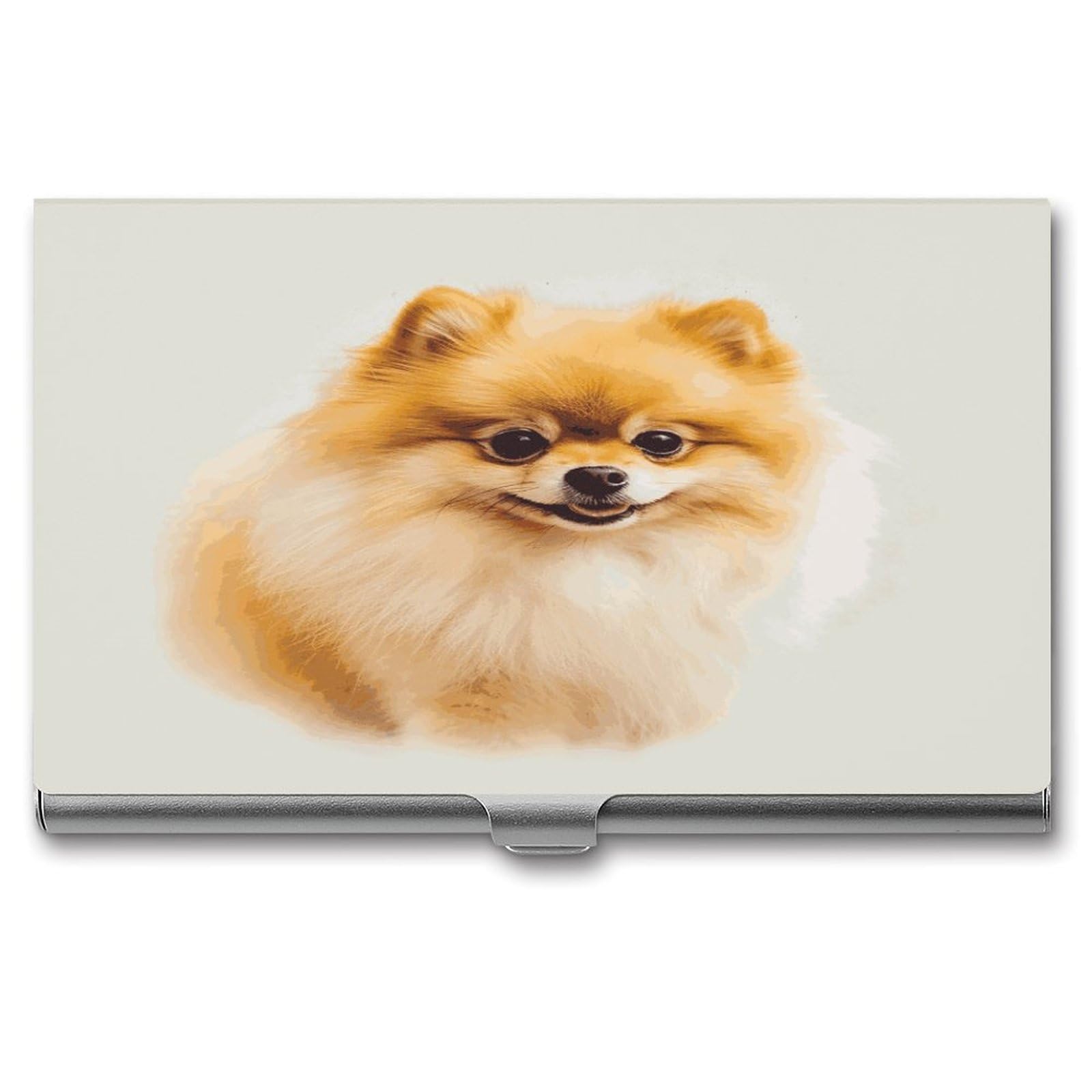 LDGSUPH Yellow Pomeranian Business Card Holder Fashion Slim Name Card Holder Minimalist Design Case Metal Card Carrier Personalized Business Card Case with Flip for Men Women