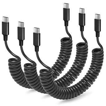 Coiled USB C to USB C Cable for iPhone 17 Carplay, 3ft Retractable Type C to Type C Fast Charging Cord 60W/3A for iPhone 16 Pro Max 16e 15 Plus, 3Pack Black