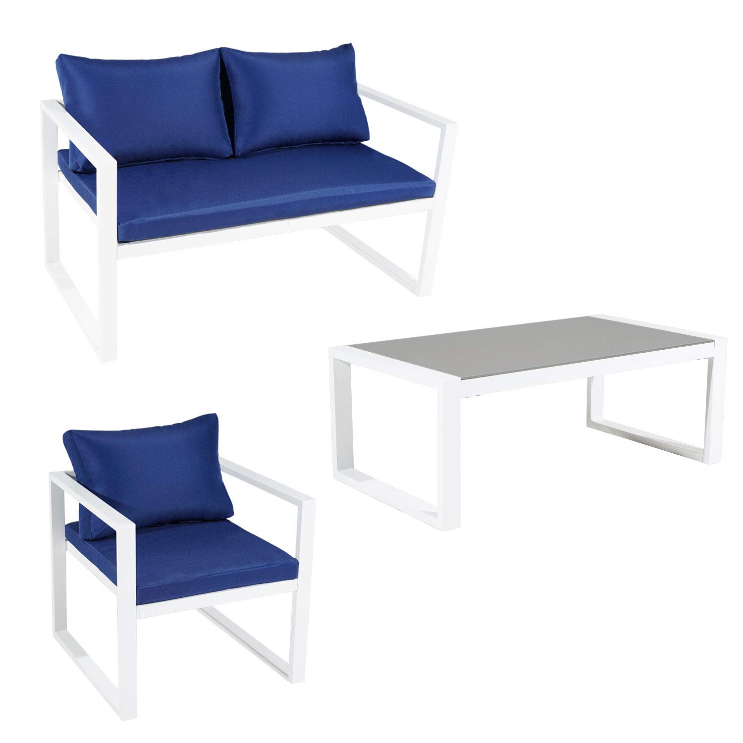 Happy Garden Salon de Jardin Ibiza en Tissu Bleu 4 Places - Aluminium Blanc