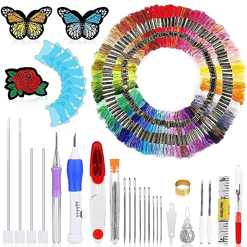 Kit de bordado con agujas de perforar, 100 colores de hilos, herramienta de bordado, juego de bolígrafos para coser y tejer