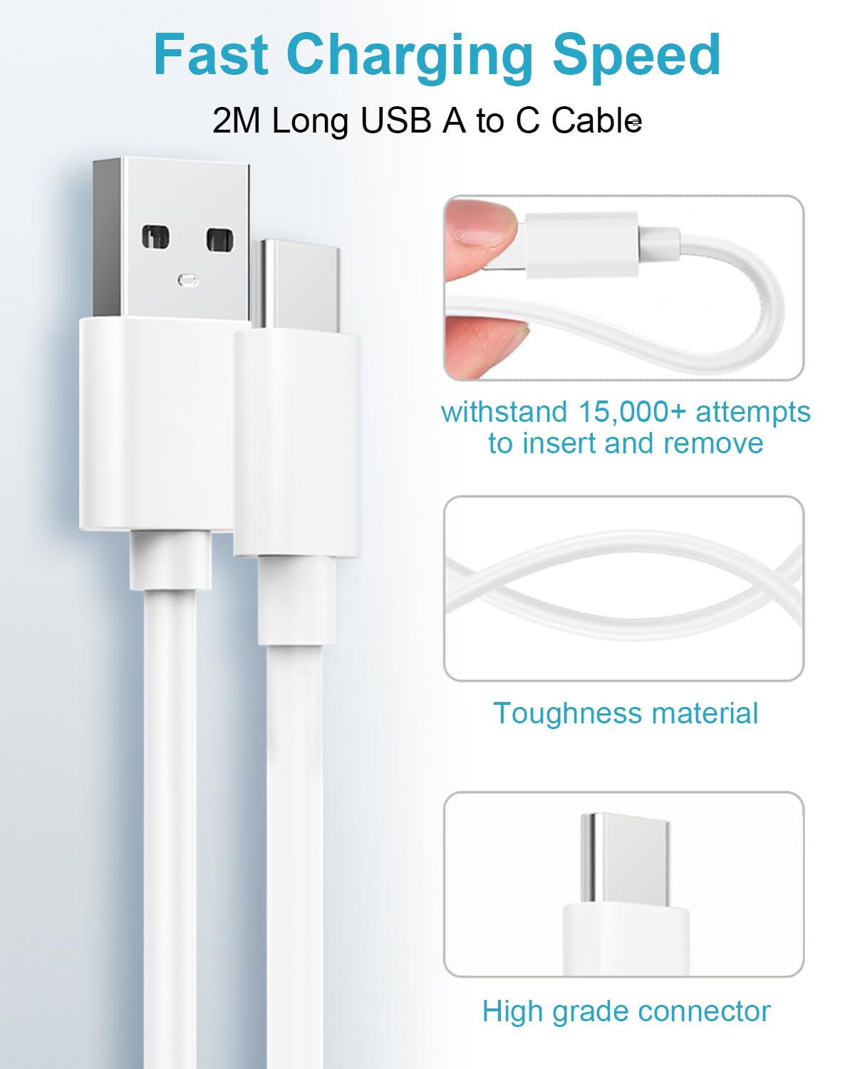 Caricatore USB 18W con Cavo USB Type-C 2M, Quick Charge 3.0 Presa USB Alimentatore USB Caricabatterie USB Spina Caricatore Rapido per Samsung S23/S22/S21/S20/S10/S9,Xiaomi Redmi Note 9/8 Mi 9