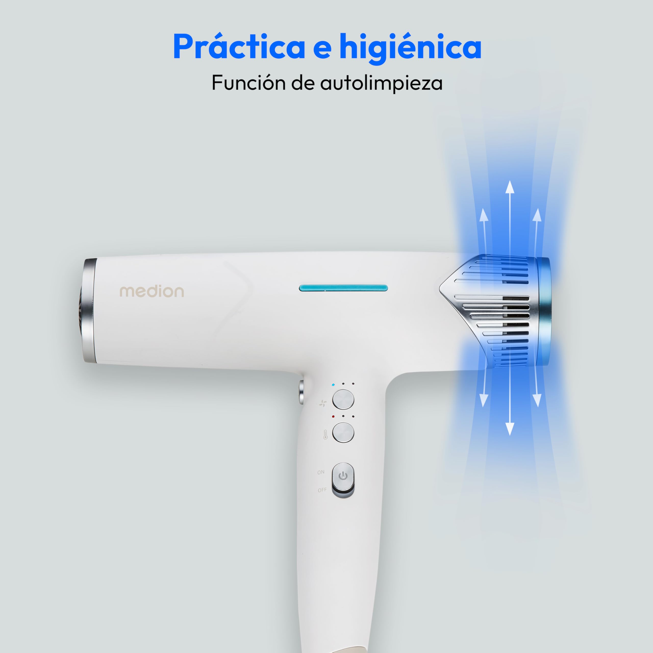 Secador de pelo MEDION HD2 (tecnología iónica, 1.500 vatios, difusor versátil y boquillas de peinado, motor BLDC de larga duración, función de autolimpieza, cable de alimentación largo) blanco