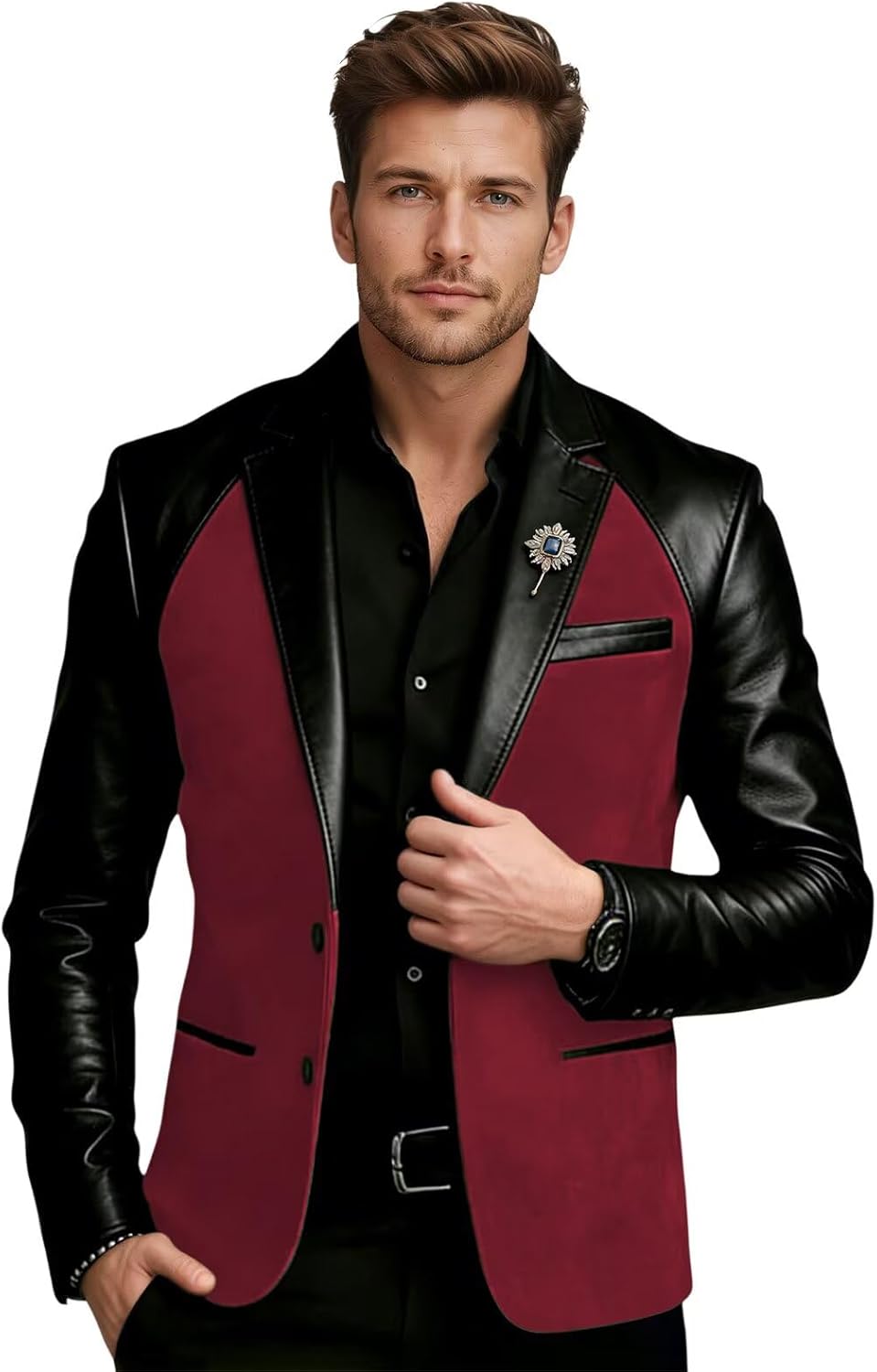 Mens Leather Blazer Tuxedo Suit Coat PU Splicing Lapel Suede Jacket Faux Bomber