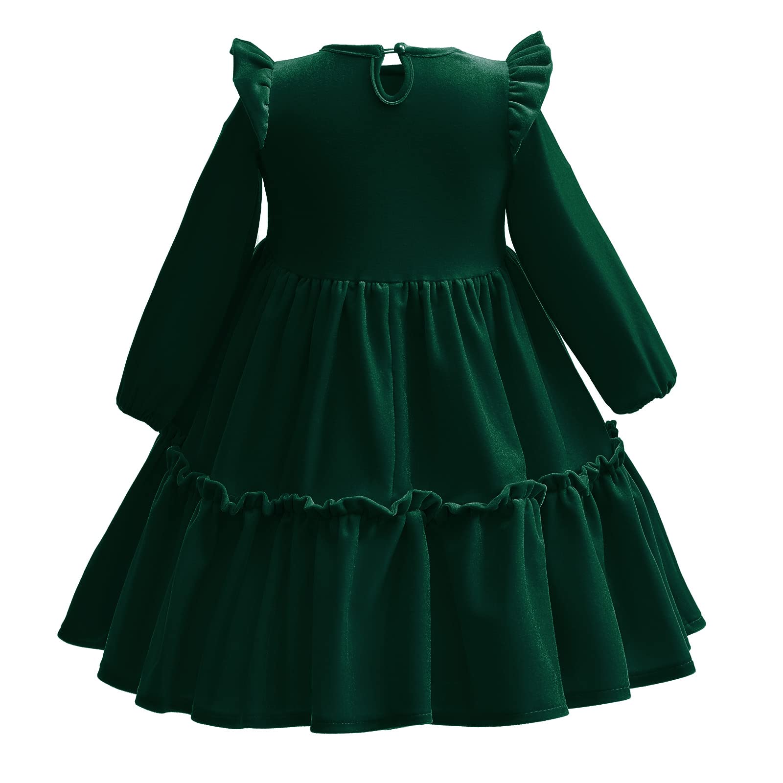 Enfants Filles Robe de Noël Manches Longues Velours Automne Hiver Vêtements Princesse A Ligne Couleur unie Volants Robe de Fête Anniversaire Festif Concours Robe de Bal, vert foncé, 3-4 ans