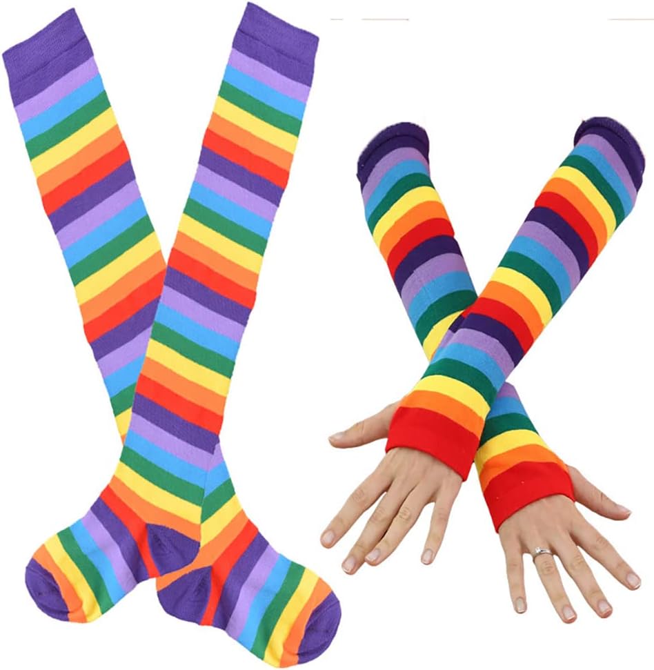 2 Pcs Cotton Arm Warmers Rainbow Thigh High Socks Colorful Fingerless Gloves Long Striped Multicolor - Image 2