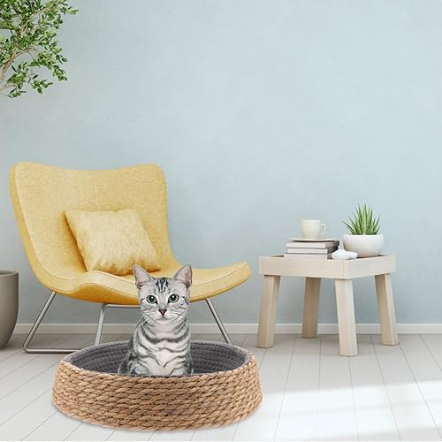 Miniatura 5 de Cesta de cama de mimbre natural para gatos, hecha a mano, trenzada, con cojín suave, para sofá y gato, con cojín para gatito, cachorro, perro