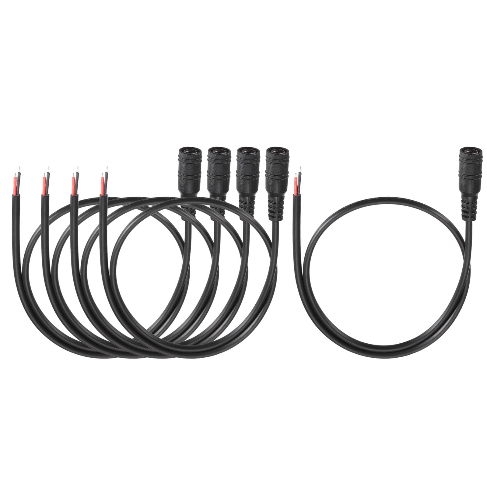 sourcing map 5pcs DC Power Pigtails Cable, 5.5 x 2.1mm Female Barrel Plug Connector to Bare Wire Open End for CCTV Camera, DVR, LED Strip, 50cm Black