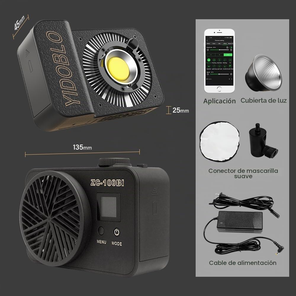 100W LED COB luz de vídeo con Montaje Bowens y empuñadura de Mano, 10000Lux / m 2700K-7500K Bicolor de iluminación con 10 simulaciones de escenarios, con el Panel de Control y Control de App