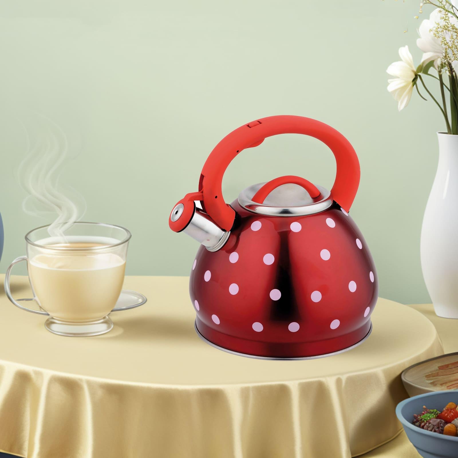 304 Stainless Steel Red Kettle, Camping Coffee Tea Pots Polka Dot Teapot, Whistling Tea Pot for Universal Base for Induction | Gas | Electric | Halogen |