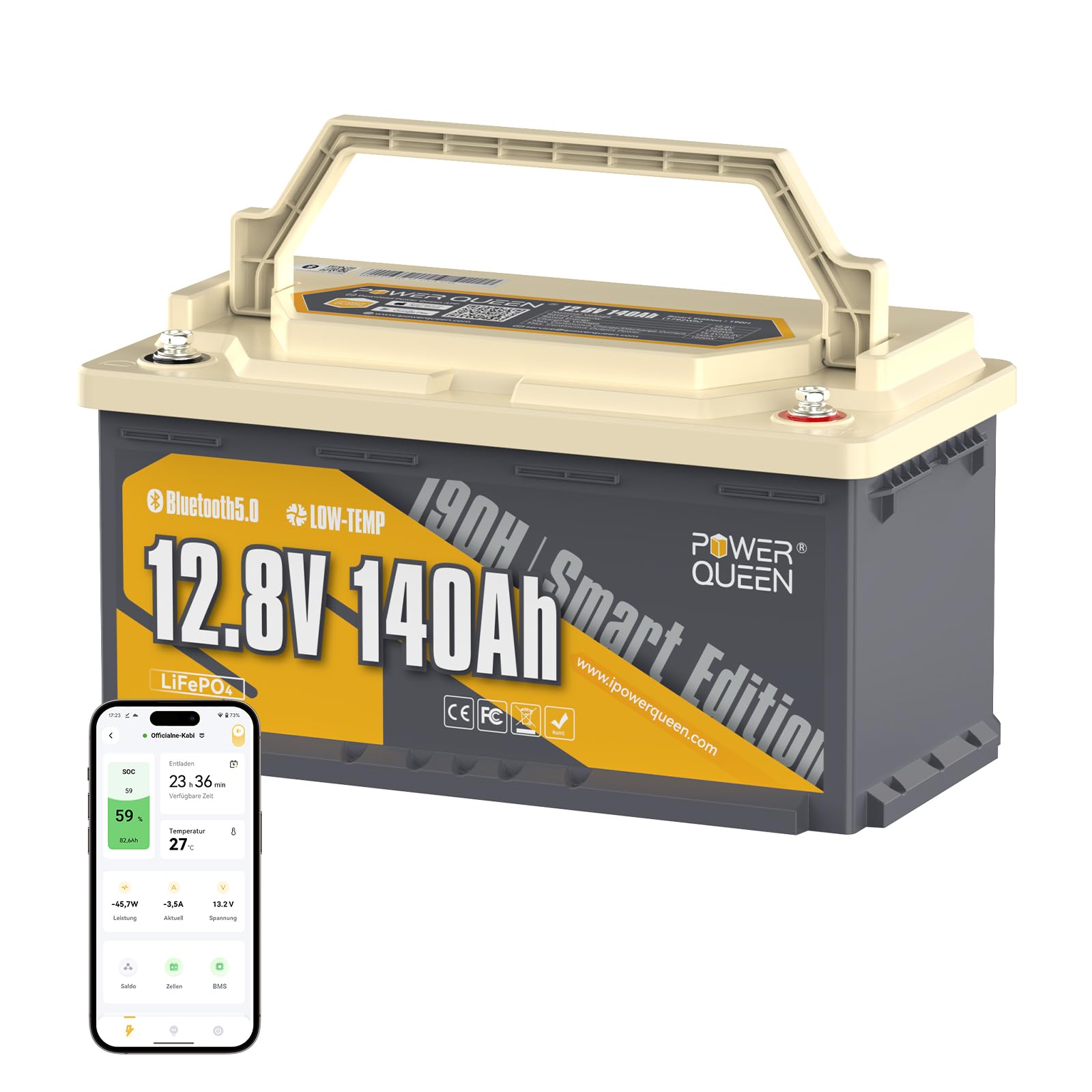 vente privée Power Queen 12V 140Ah Batterie avec Bluetooth, Smart LiFePO4 Batterie Lithium 150A BMS, 15000 Cycles Profondes, Sièges de Camping-Car DIN H8 L5 Taille Groupe 49, pour Caravane RVs
