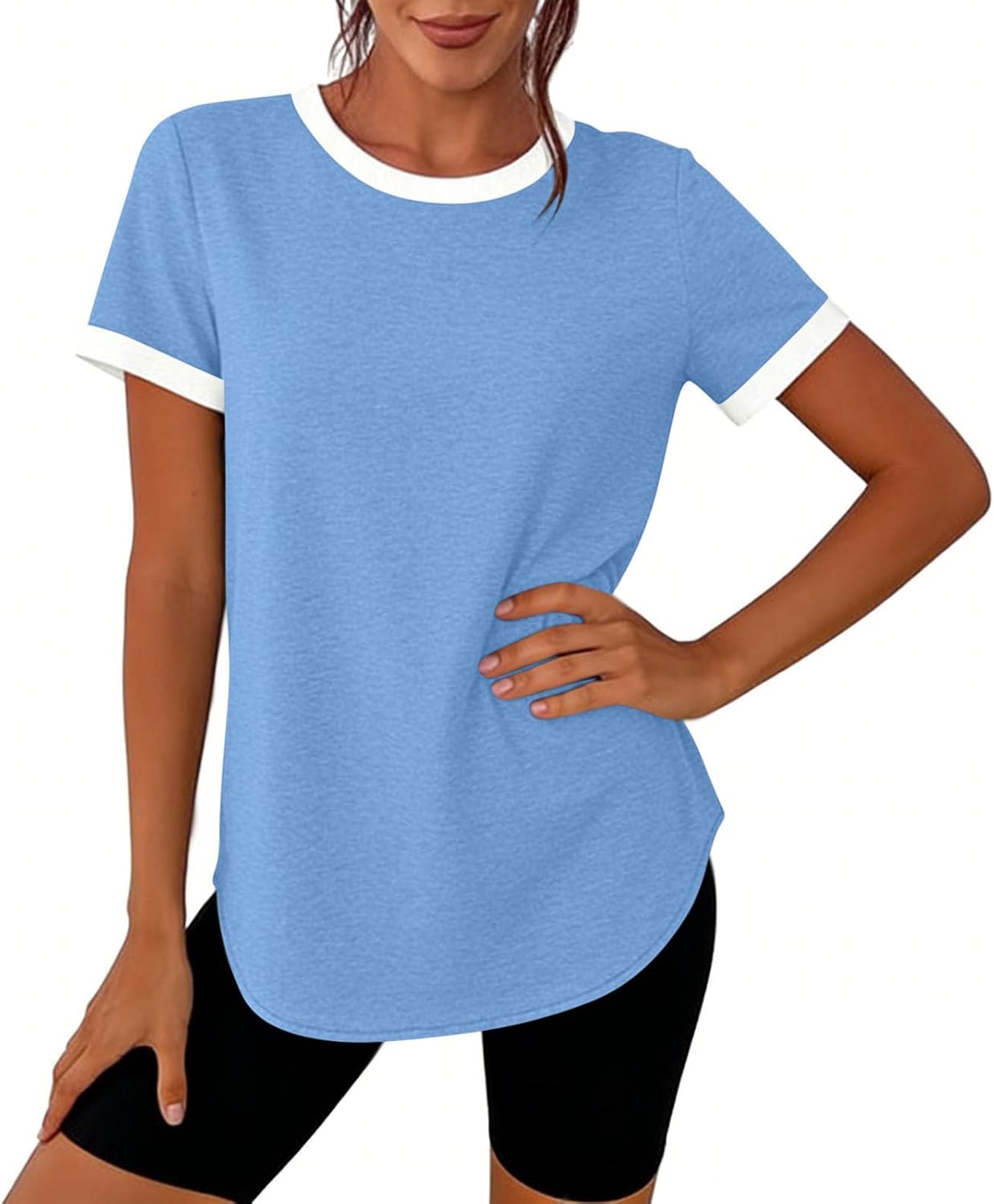 Womens Workout Tops Summer Short Sleeve Shirts Athletic Color Block Gym Clothes Outfits Sun Protection T Shirts