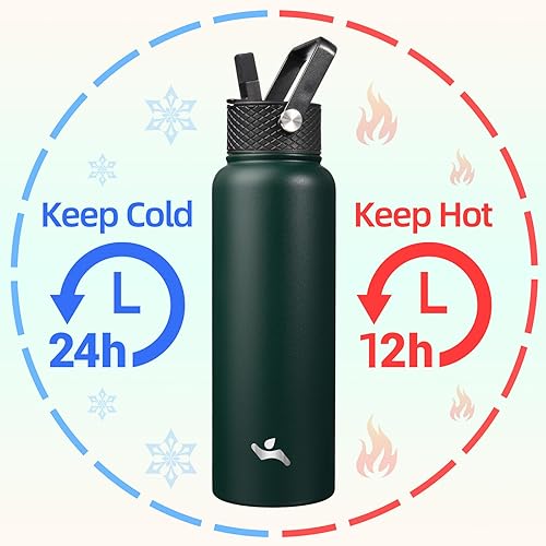 Miniatura 2 de Botella de agua con aislamiento térmico de 40 onzas, botellas deportivas de acero inoxidable con 3 tapas, verde militar