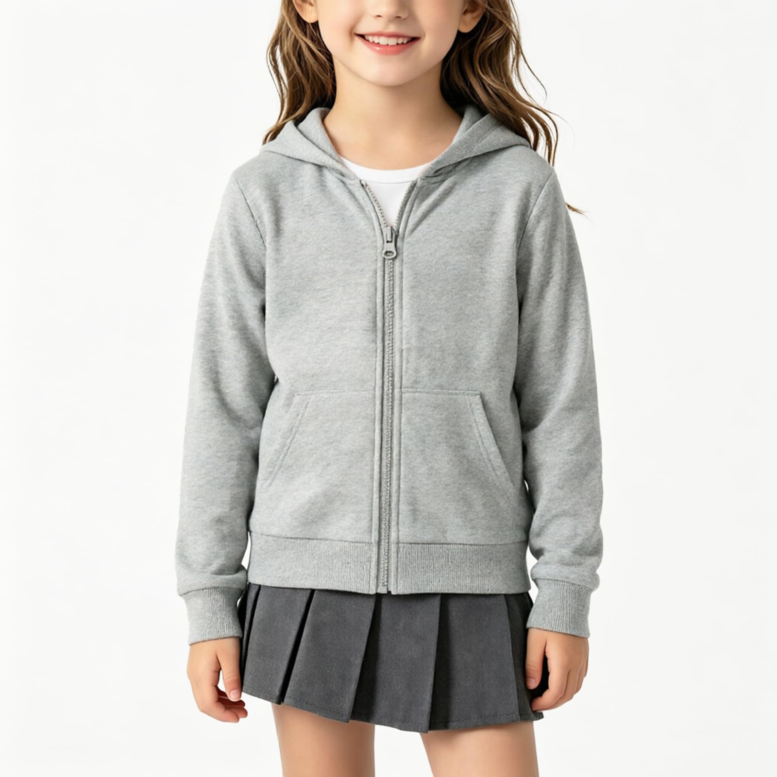 Felpa Zip Cappucciata Tinta Unita Ragazza, Tessuto Soffice Elegante | Colore Base Neutro Facilmente Abbinabile A Qualsiasi Bottom, Chiusura Lampo Pratica Per Veloce Vestibilità, Ideale Per Scuola