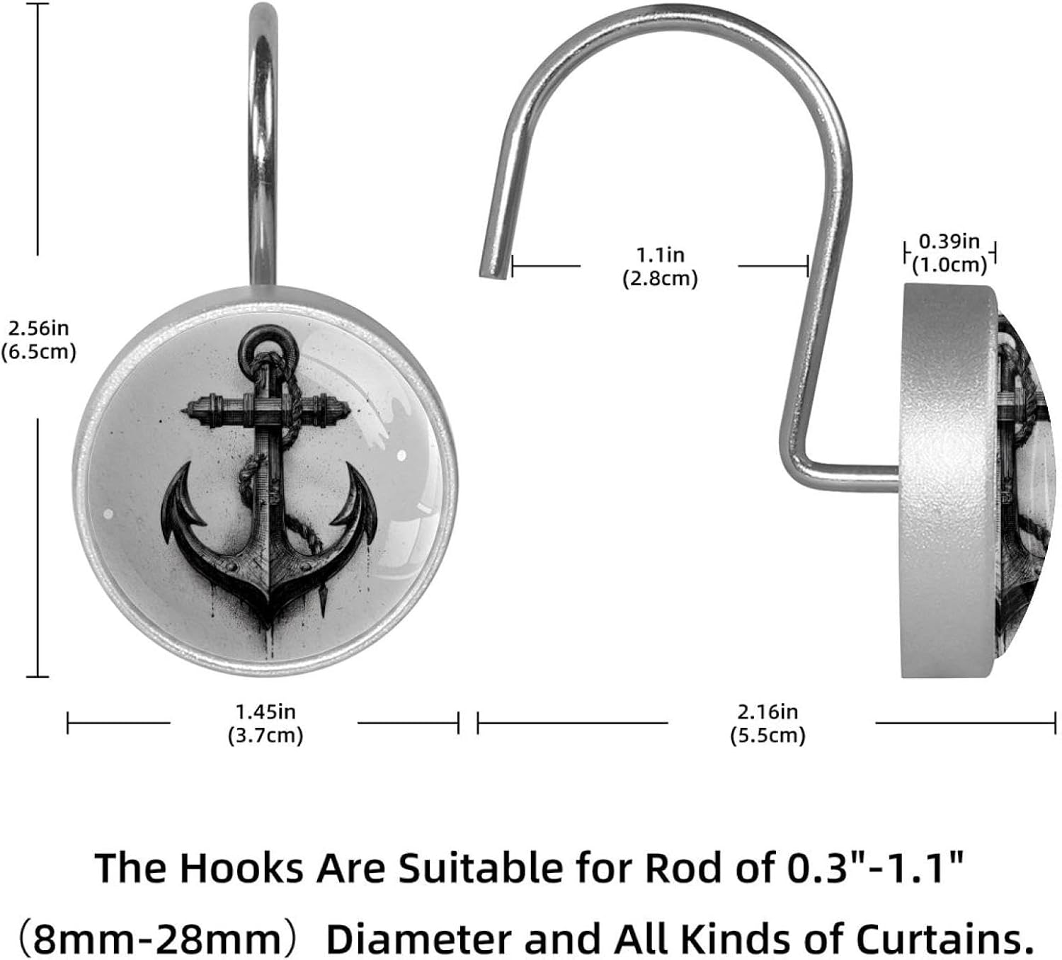 12pcs Shower Curtain Hooks, Decorative Shower Curtain Hanger Rings Roller, Stainless Steel Round Shower Rings Hangers for Bathroom, Anchor (1)