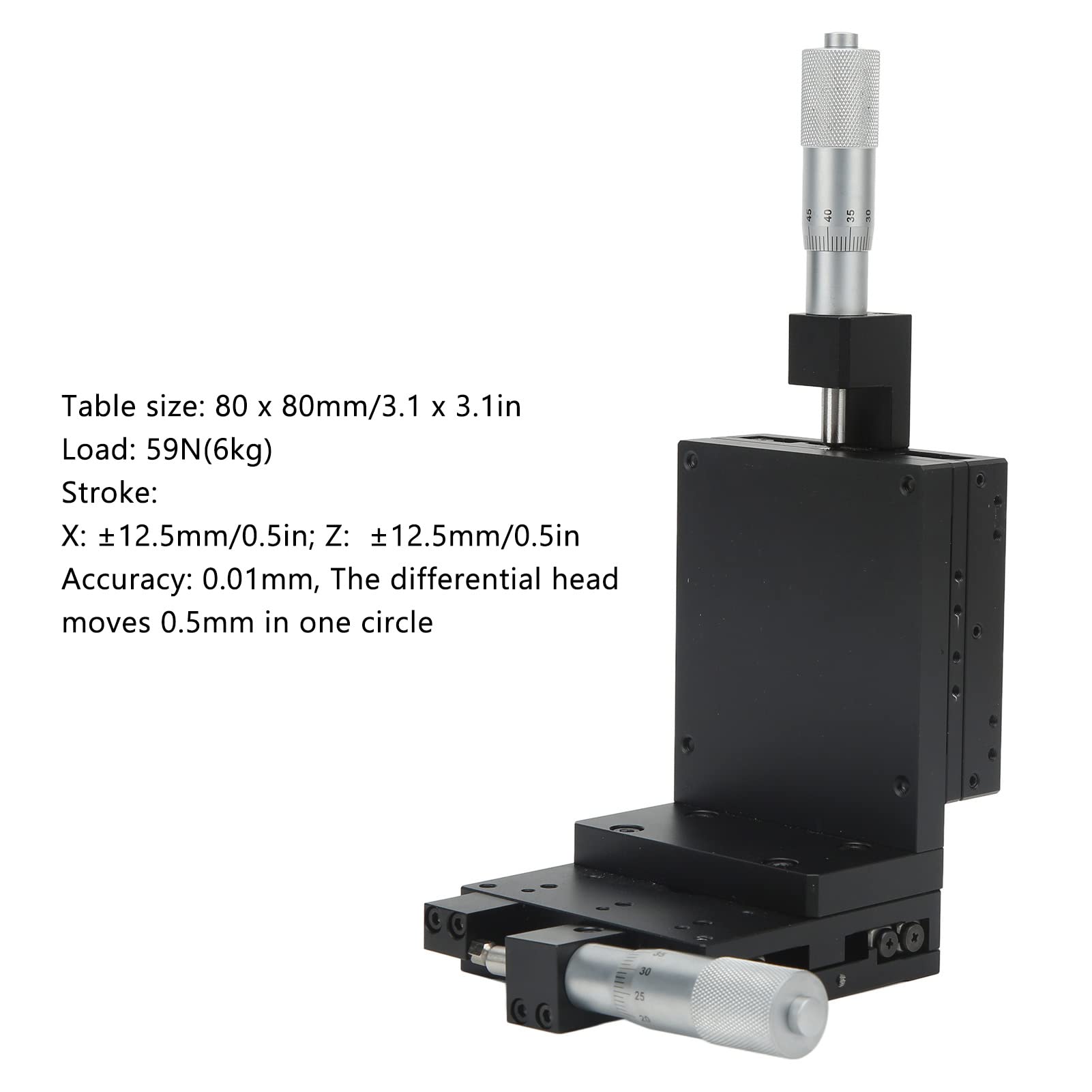 Fafeicy Mesa Deslizante Manual de Micrómetro de Aleación de Aluminio de Etapa Lineal XZ 80 X 80 Mm Precisión de 0,01 Mm de ± 12,5 para Instrumentos ópticos Posicionamiento de Laboratorio