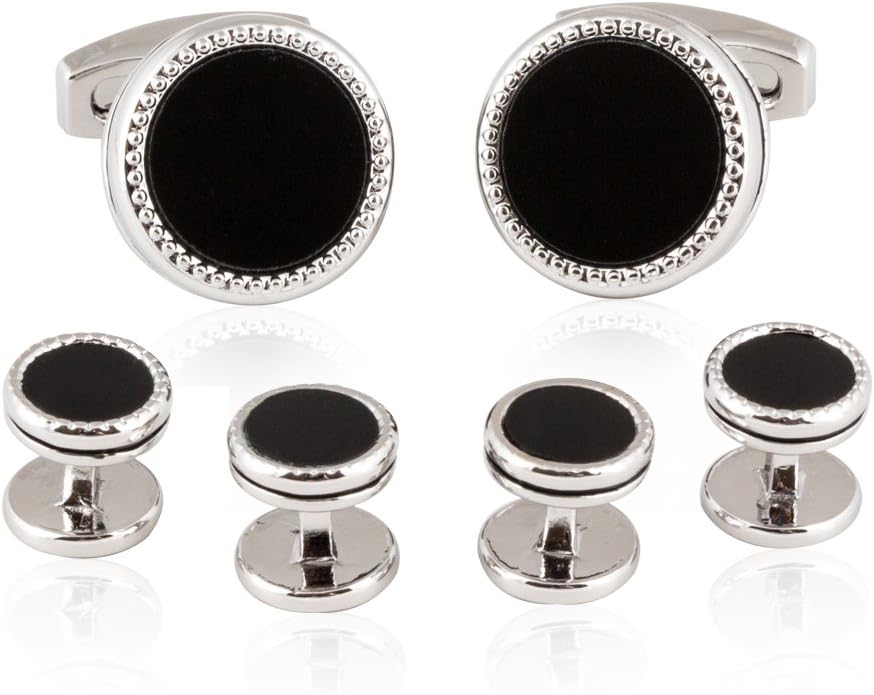 Cuff-Daddy Tuxedo Cufflinks Studs Formal Set Black Enamel Silver with Presentation Box Gift Party Special Occasions Wedding Anniversary
