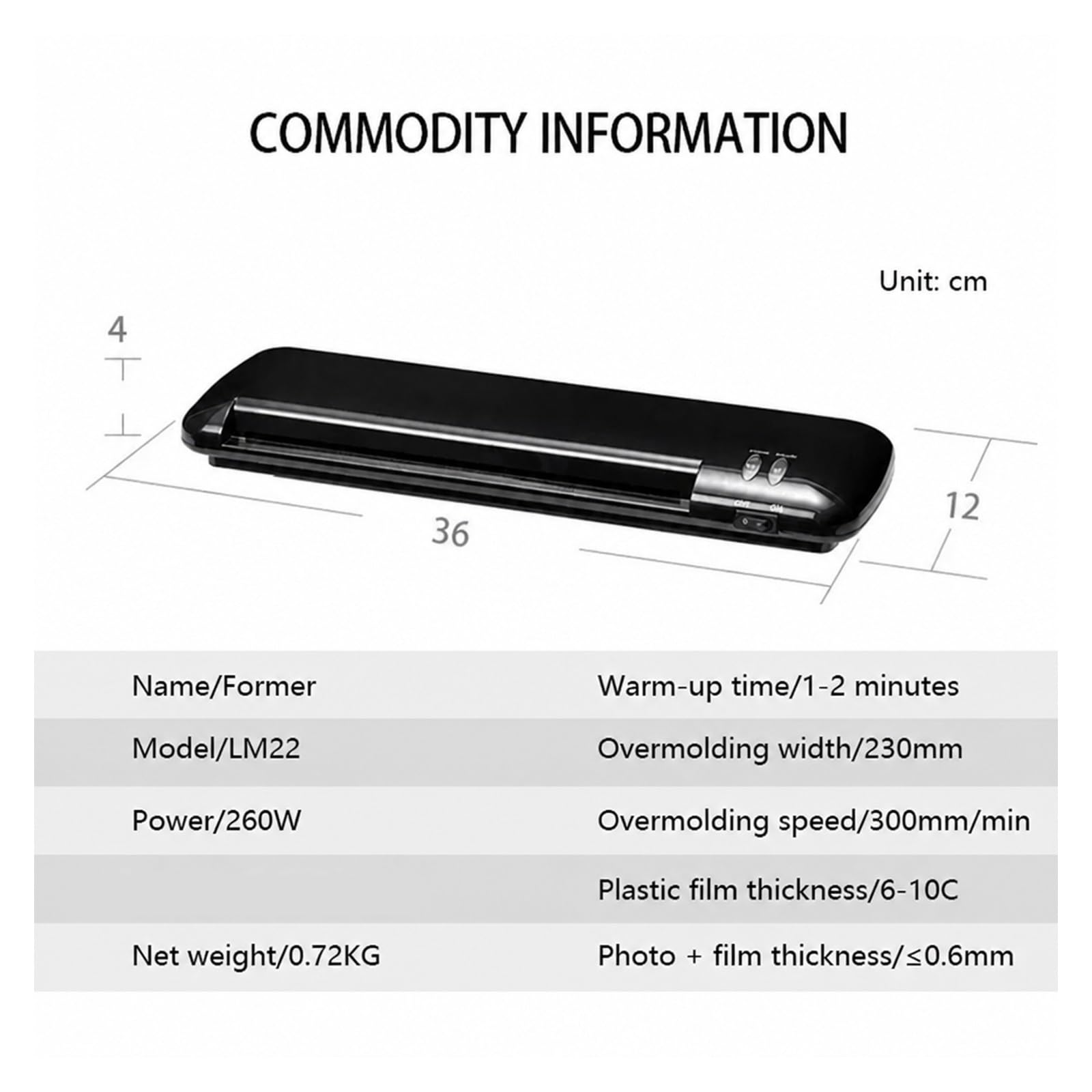 Laminator, Laminator Do Torebek A4 LM22 do domu i biura | 145 W, Rozgrzewka 1-2 Min, Prędkość 300 Mm/min, Szerokość 230 Mm
