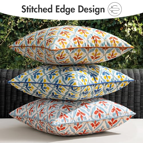 Image of MIULEE Pack of 2 Decorative Outdoor Waterproof Throw Pillow Covers Flower Print Chic Boho Accent Pillow Covers for Square Garden Patio Cushion 20x20 Inch, Light Yellow Blue