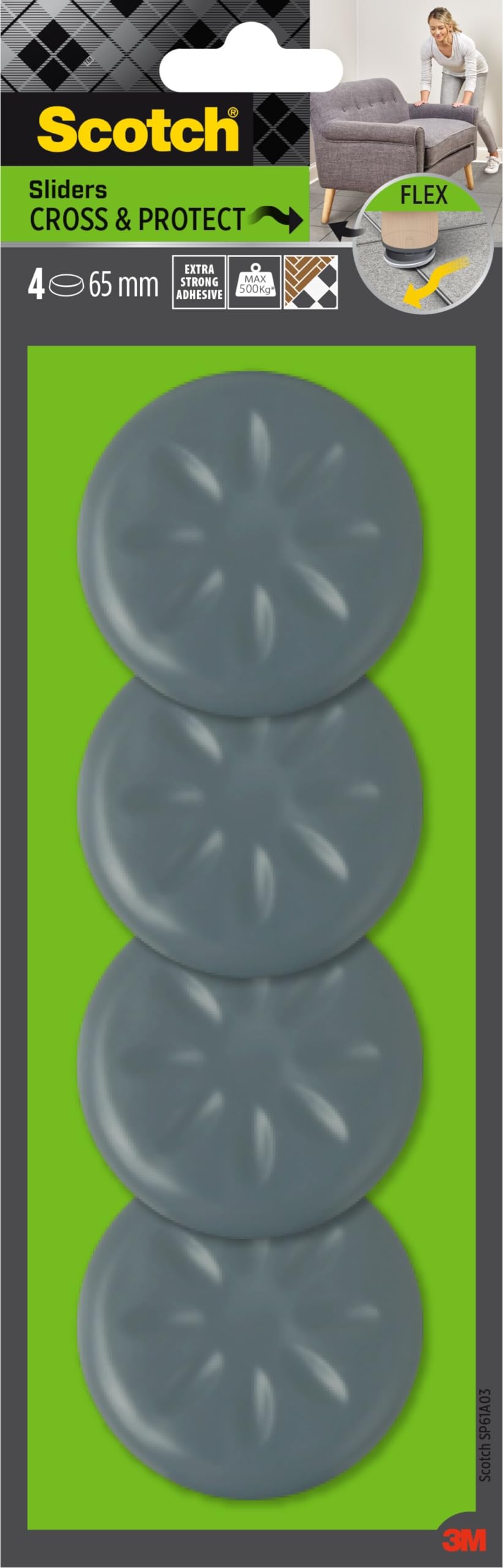 Scotch Move & Protect Flex Sliders SP61A03, Adhesive, Grey, Ø 65 mm, 4/Pack - 500 Kg