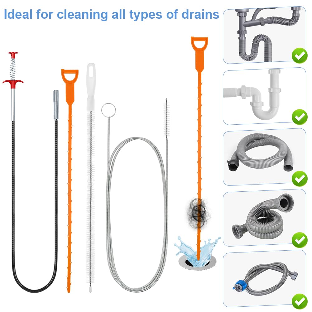 7 Pezzi Kit per Pulizia Degli Scarichi, Stura Lavandino Professionale, Riutilizzabile Spazzola Pulizia Tubi, Molla Sturatubi Spirali per Cucine Bagno Toilette Lavandino Fognature