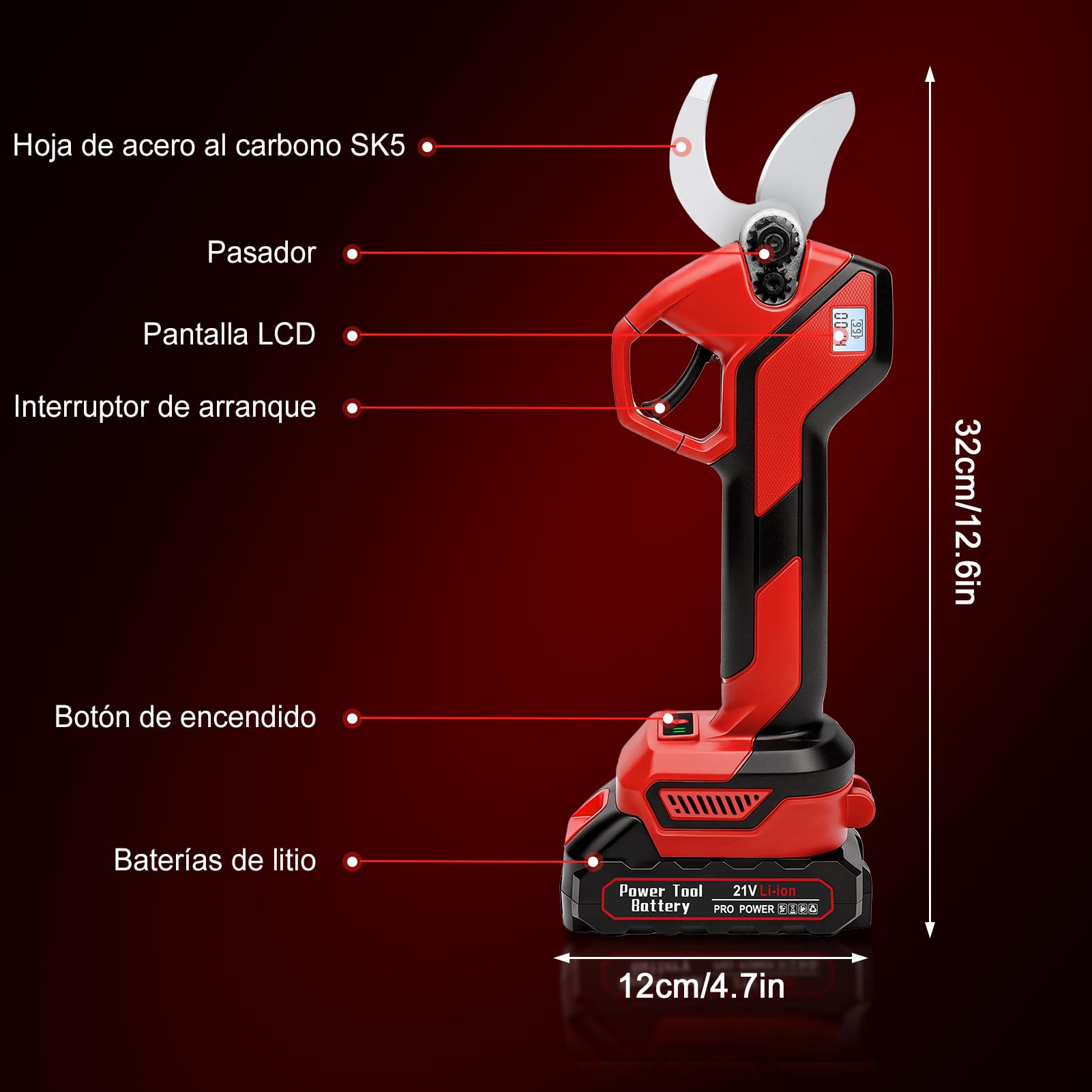 Tijeras de Podar Electricas de 40mm, Podadora de jardín con 2 baterías 21V 1500mAh y cuchillas de repuesto, 600W motor sin escobillas, Tijeras de Podar Bateria para jardinería, árboles frutales
