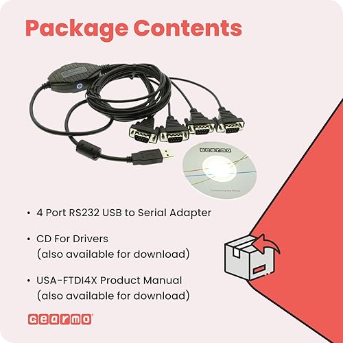 Miniatura 7 de Gearmo Adaptador serie USB a RS232 de 4 puertos con chipset FTDI – Compatible con Windows 11, 10, 8, 7, Linux y Mac, cuenta con Plug-and-Play sin