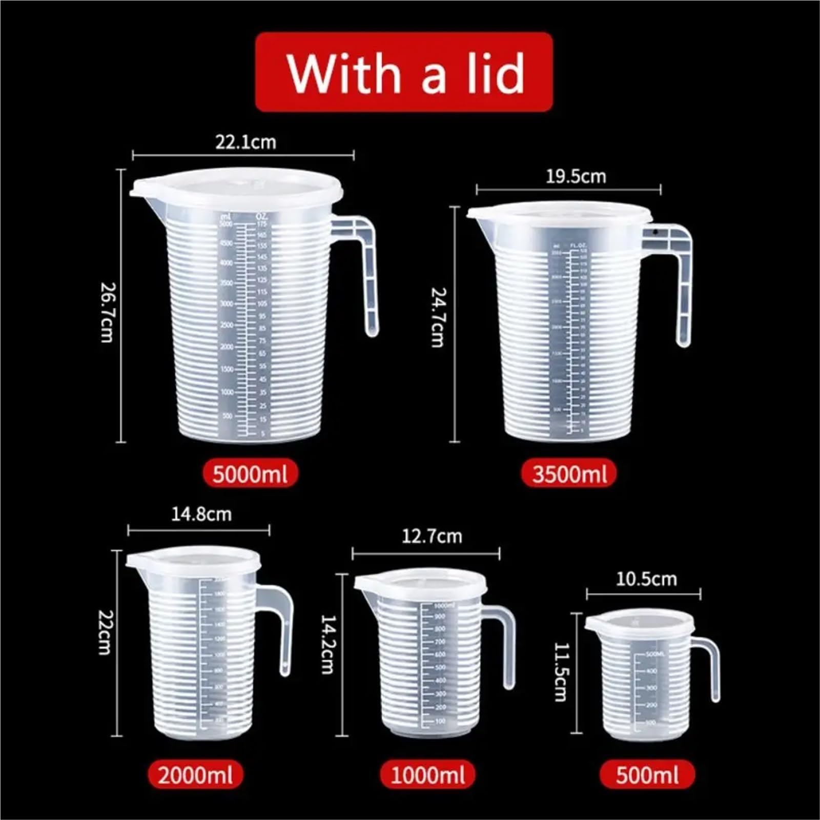 Vaso medidor, 3 unidades de plástico graduado, vaso mezclador transparente de gran capacidad con tapa, vaso de laboratorio for repostería de cocina (100 ml)(1000ml)