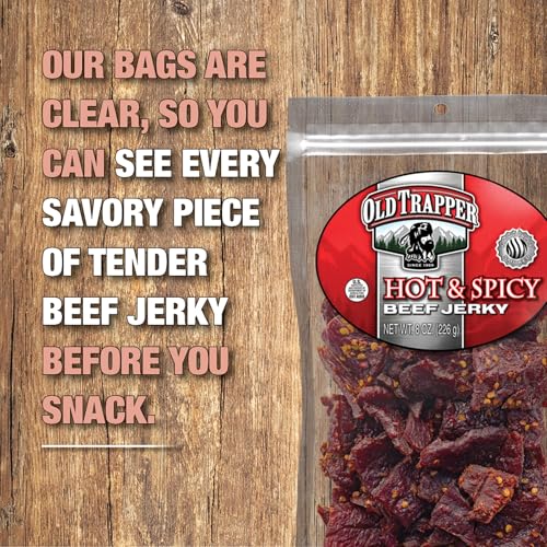 Image of Old Trapper Beef Jerky, Hot & Spicy 8 Ounce Individual Pack, Tender and Spicy Meat Snacks for Lunches or Between Meals, 11 Grams of Protein and 70 Calories per Serving (Pack of One)