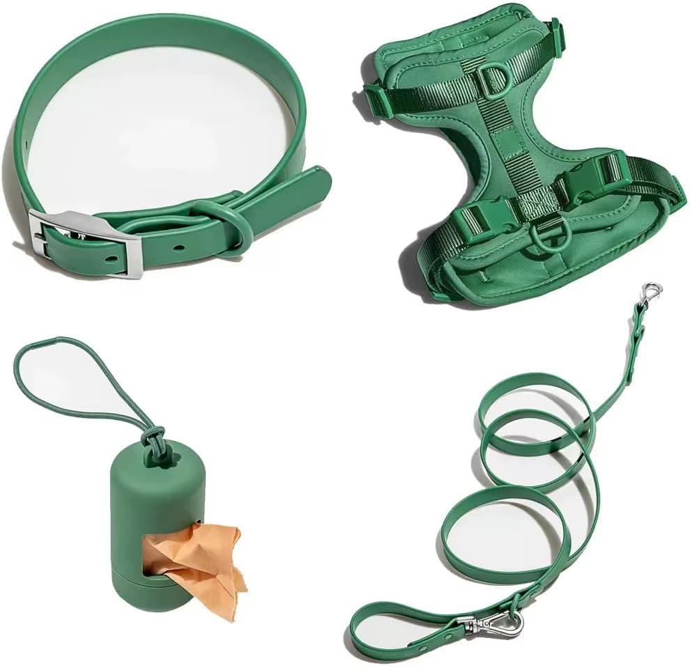4-in-1 Dog Walking Set – Adjustable Collar, Harness, Leash & Waste Bag Holder – Waterproof, Durable & Stylish for Daily Use (Purple, M)