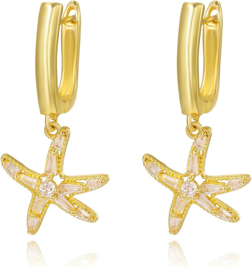 Xeyai Dainty Cute Huggie Hoop Earrings for Women,Zirconia Rhinestone Crystal Starfish Dangle Hypoallergenic Earrings for Women Trendy Jewelry Gift