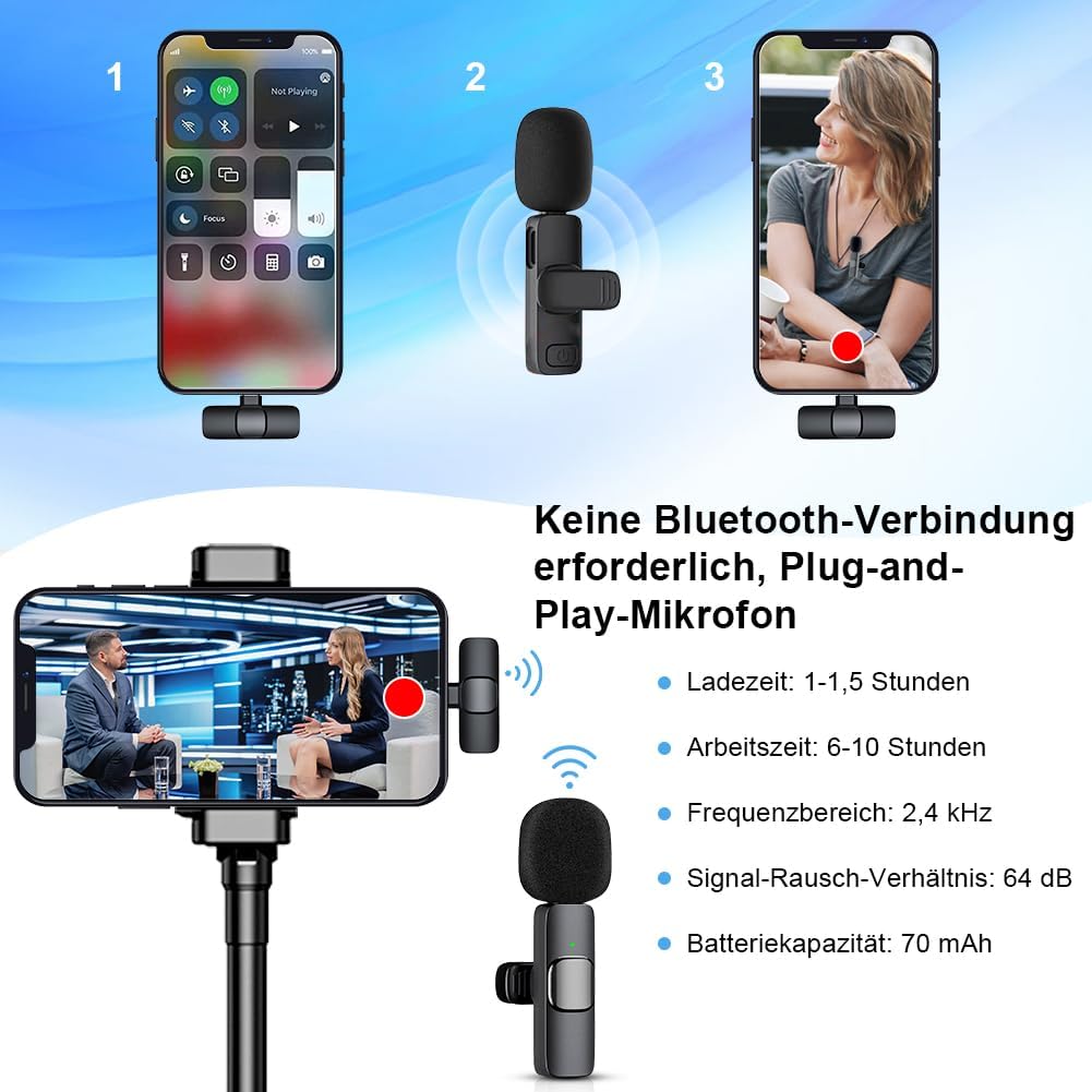 Lavalier Mikrofon Kabellos, Plug and Play Mini Mikrofon Bluetooth, USB C Mikrofone für iPhone IPad Android für Live,Videoaufzeichnung,YouTube,Vlog