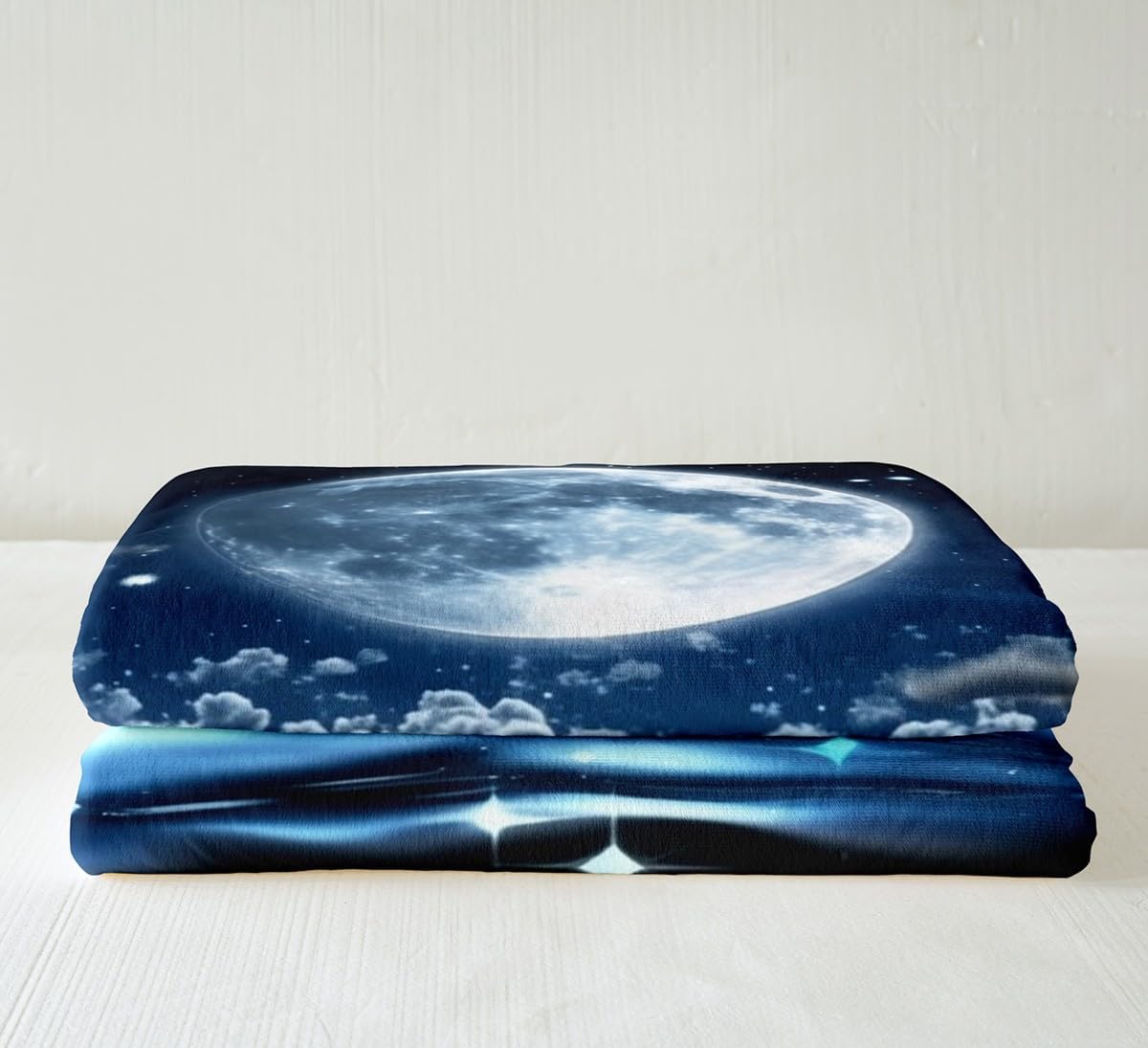 Feelyou Blue Moon Print Sherpa Blanket Ocean Fleece Throw Blanket for Kids Boys Girls Teens Room Decor Sea Plush Blanket Queen 90"x90" Galaxy Fuzzy Blanket
