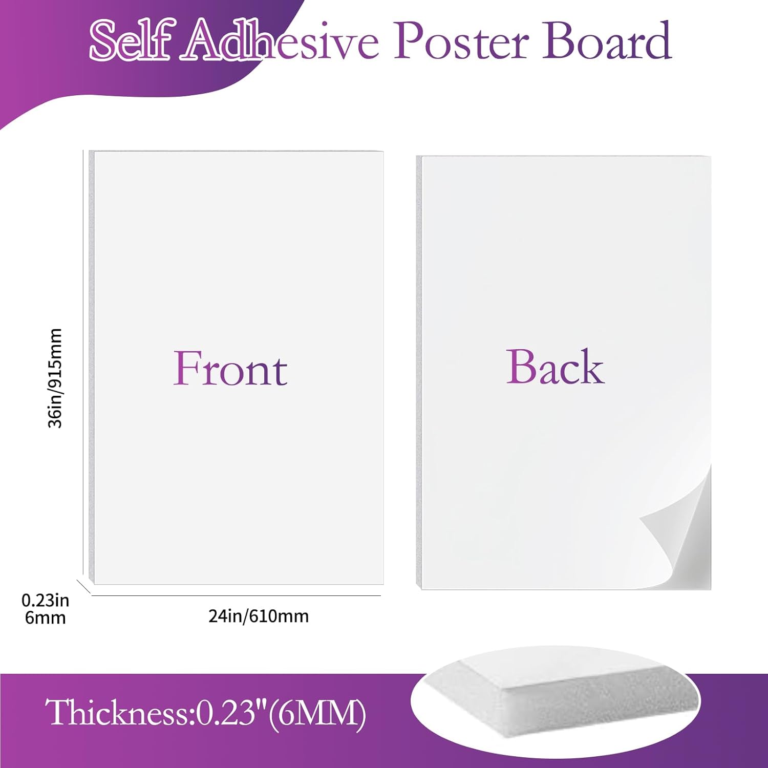 4Pack 24"x36" Self Adhesive Poster Board, 0.23 Inch Thick Foam Core Board with Self-Adhesive, Free Mounting Poster Boards, Large White Display Boards for Crafts, Art, Display