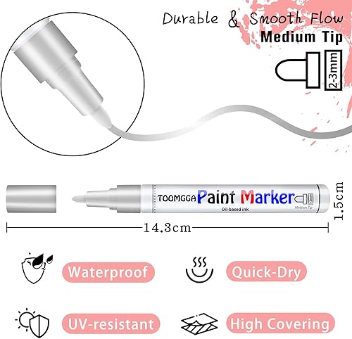 Miniatura 6 de TOOMGGA Rotuladores de pintura plateados, marcadores permanentes a base de aceite para madera de metal, bolígrafos de pintura para metal, neumáticos